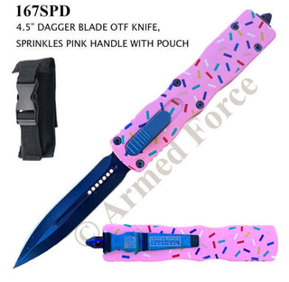 OTF Automatic Pocket Knife, Dagger Style Blade, Pink Handle