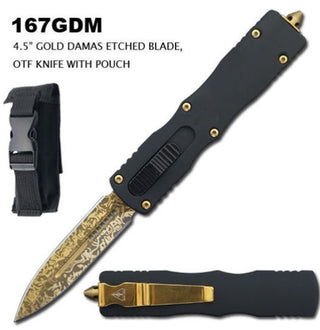 OTF Automatic Pocket Knife, Gold Damascus Etched Blade