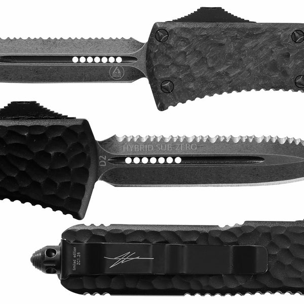 BLUE GLOW CARBON OTF KNIFE - HALF SERRATED DAGGER