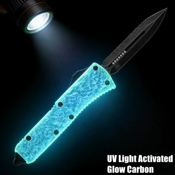 BLUE GLOW CARBON OTF KNIFE - HALF SERRATED DAGGER