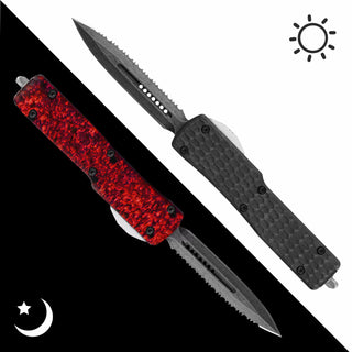 RED HORNET - GLOW CARBON OTF KNIFE - HALF SERRATED DAGGER