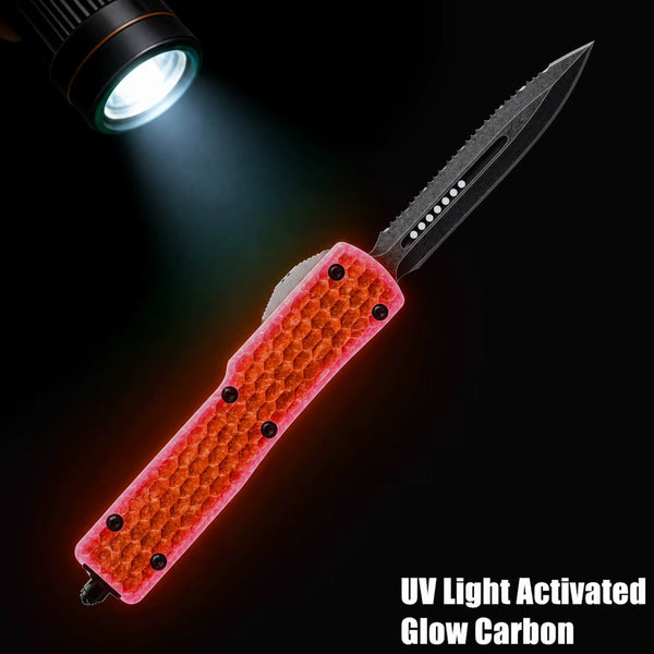 RED HORNET - GLOW CARBON OTF KNIFE - HALF SERRATED DAGGER