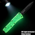 GREEN GLOW CARBON OTF KNIFE - HALF SERRATED DAGGER