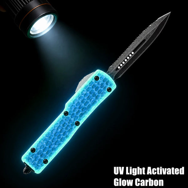 BLUE HORNET - GLOW CARBON OTF KNIFE - HALF SERRATED DAGGER