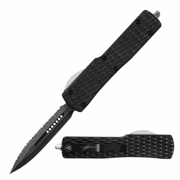 BLUE HORNET - GLOW CARBON OTF KNIFE - HALF SERRATED DAGGER