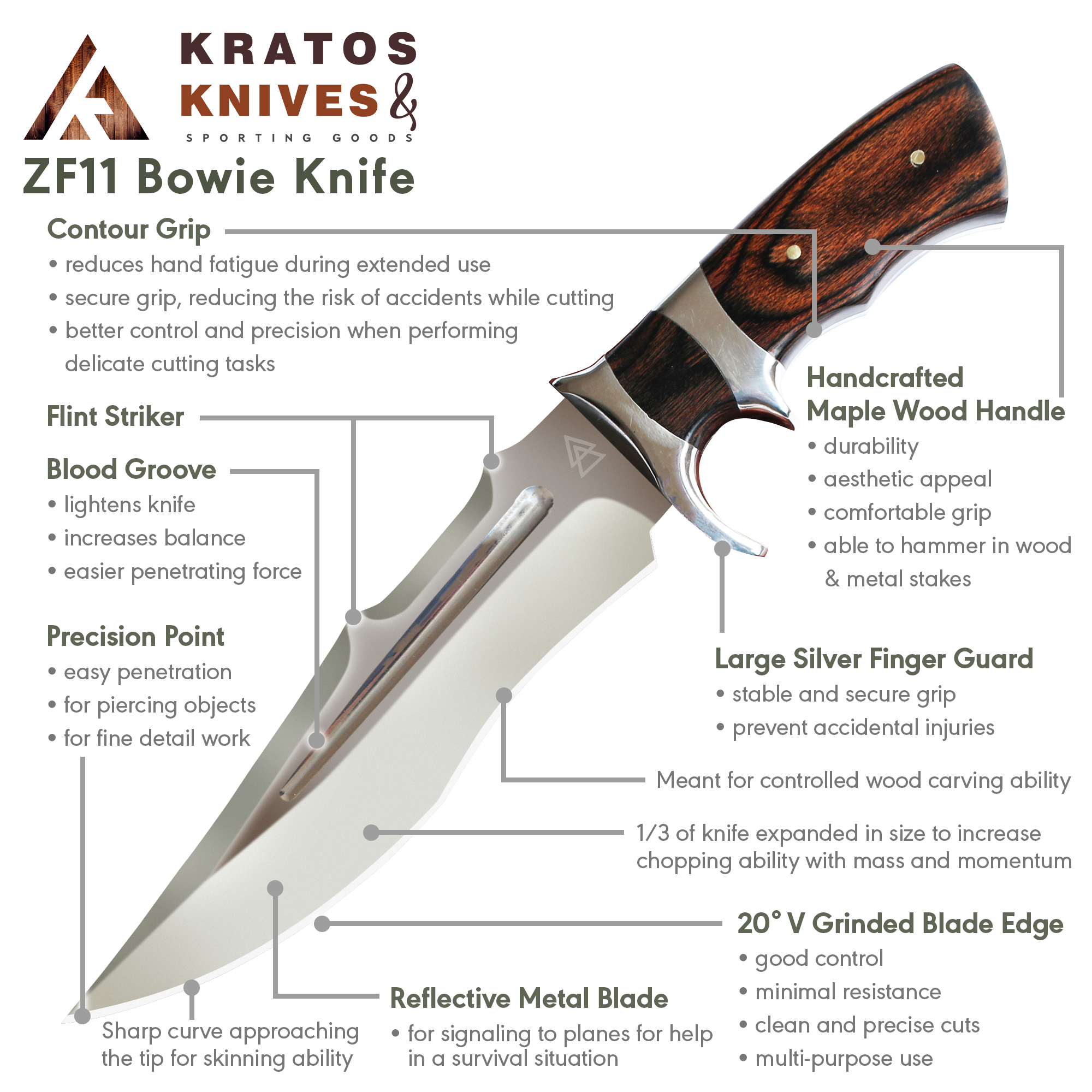 Kratos ZF11 Bowie Knife Camping, Hunting, & Bushcraft blade Kratos