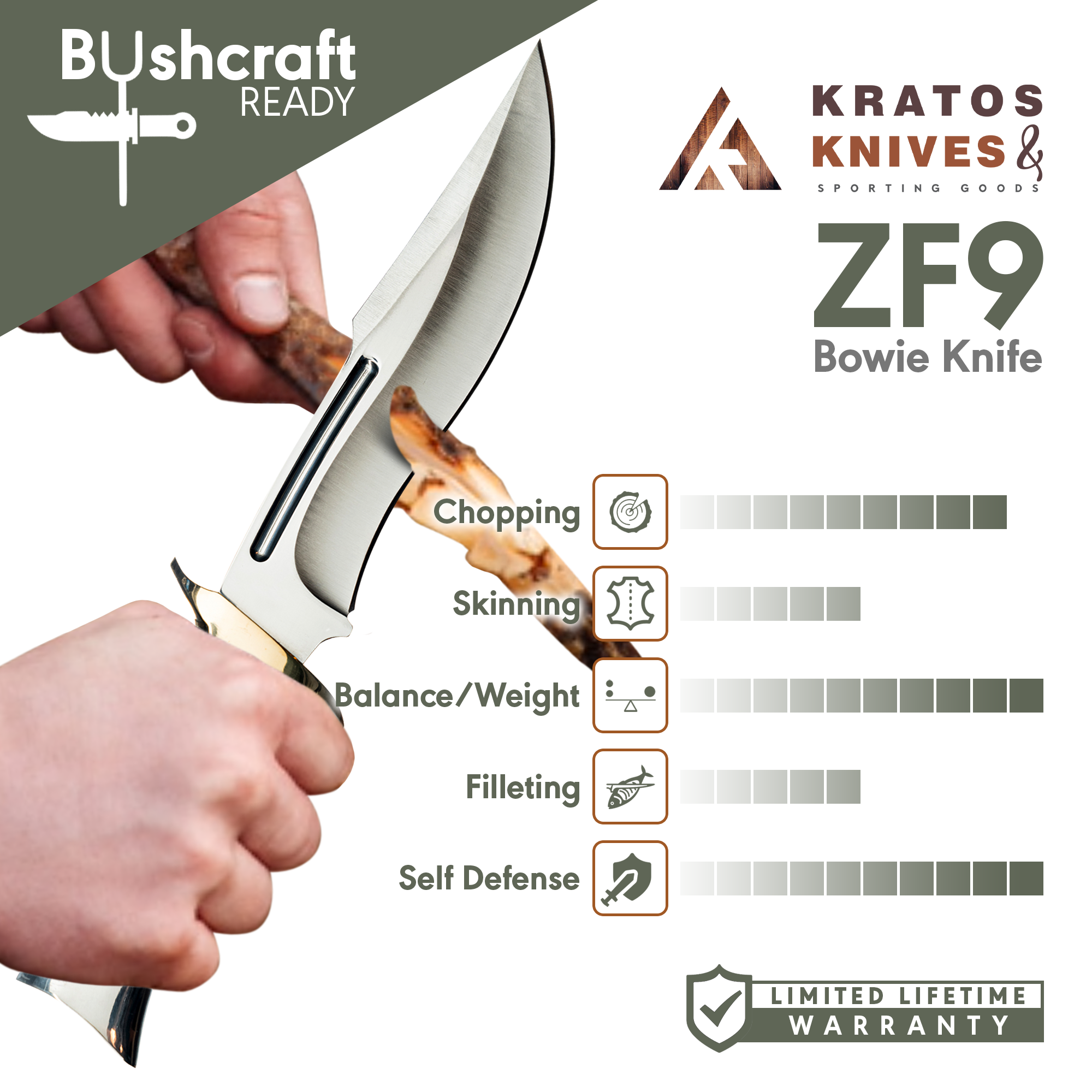 Kratos ZF9 Bowie Knife Stainless Steel Hunting, Camping, Bushcraft