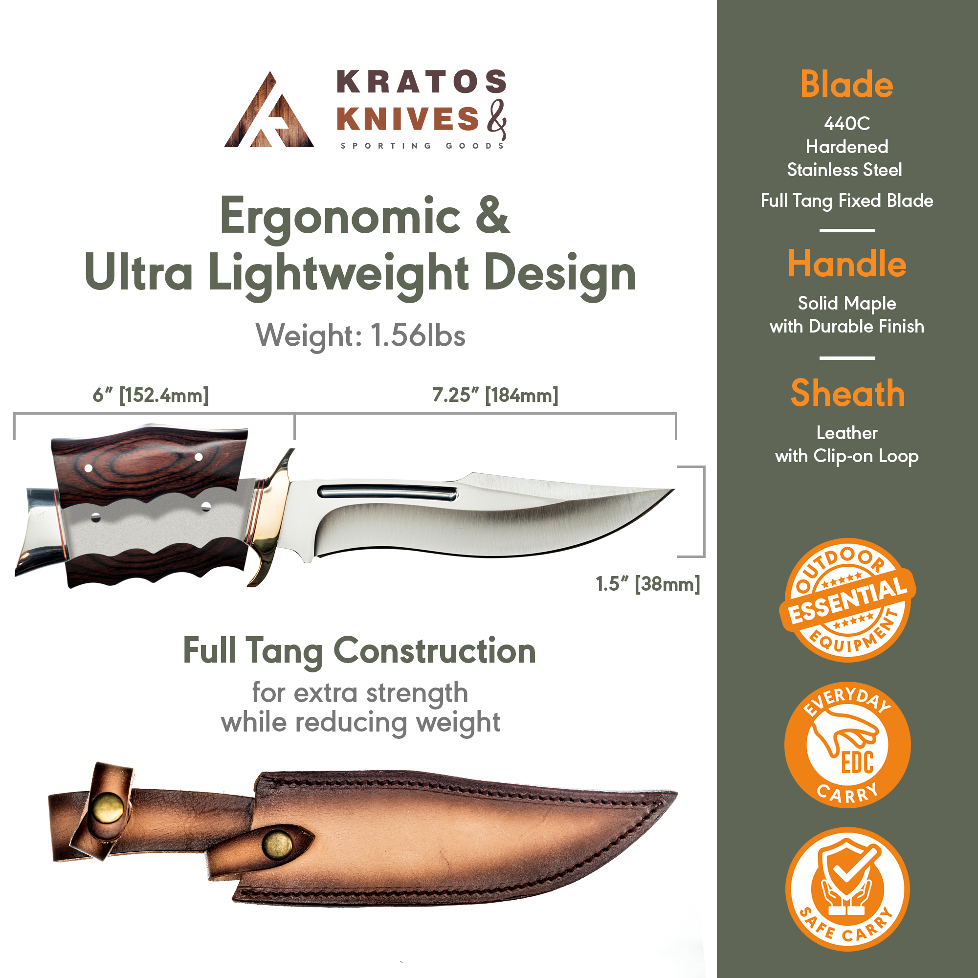 Kratos ZF9 Bowie Knife Stainless Steel Hunting, Camping, Bushcraft