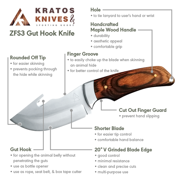 Kratos ZFS3 Gut Hook Hunting Knife, Skinning Blade, Bushcraft, Boning, &  Camping
